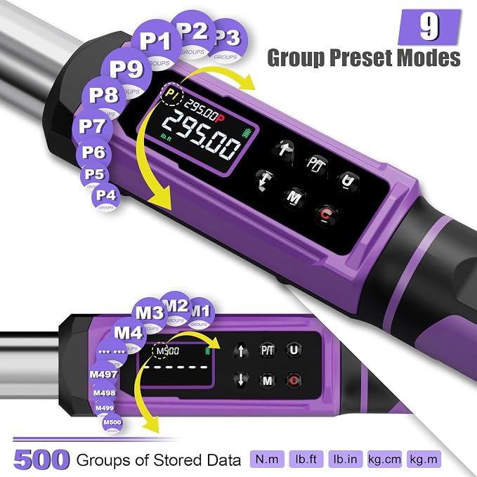 ANPUDS 1/2" Digital Torque Wrench, ±1% Accuracy, 4.43-295 Ft-lb | 9 Presets, 500 Data Storage, LED/Buzzer/Vibration Alerts, 5 Units, Color Display, Adapter & Extension for Auto Repair