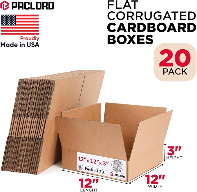 Flat Cardboard Boxes 12"L x 12"W x 3"H (Pack of 20) - USA-Made Packing Boxes for Moving, Shipping, or Storage - USPS, UPS, FedEx Approved - Professional Packing Supplies for Moving | USA-Made Packing Boxes for Moving, Shipping, or Storage - USPS, UPS, ...