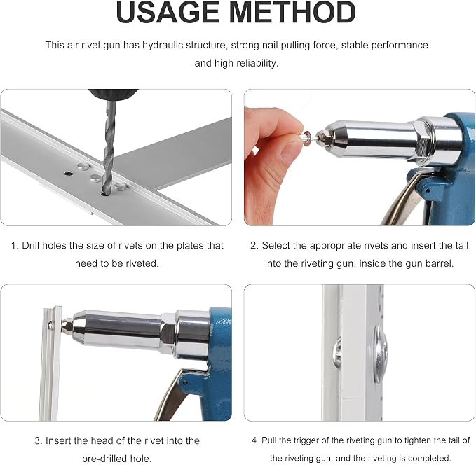 Pneumatic Rivet Gun Heavy Duty Pop Rivet Gun Tool Kit with 3/16" 5/32" 1/8" and 3/32" Nosepieces, Air Hydraulic Rivet Gun for Automobile, Elevator, Furniture, Instrument (4 nozzles)