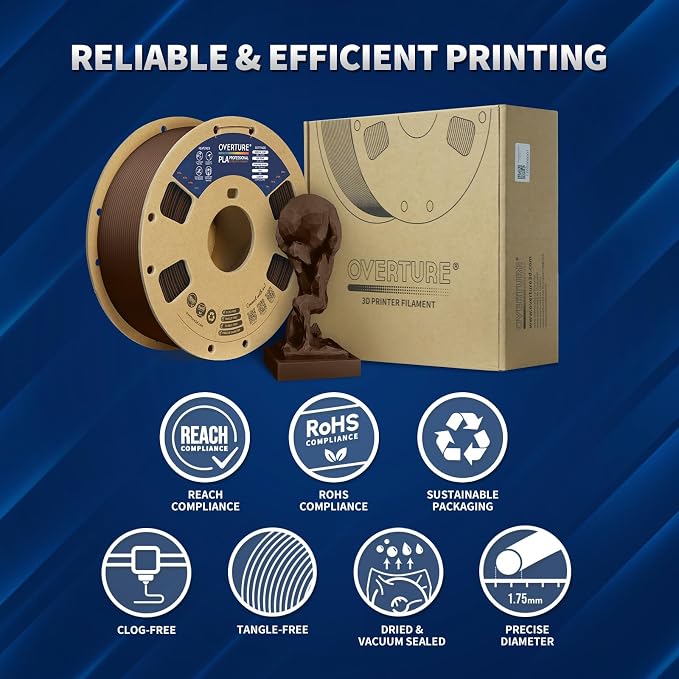 OVERTURE PLA Plus (PLA+) Filament 1.75mm, Stronger & More Durable, Professional Toughness 3D Printer Filament 1kg (2.2lbs), High Precision +/- 0.02mm, Tangle-Free (Chocolate)