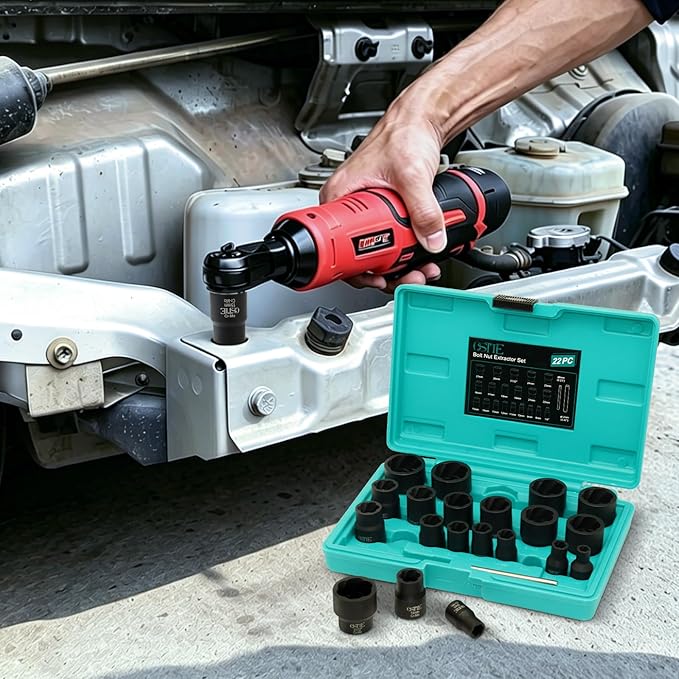22Pcs Bolt Nut Extractor Set Metric 8-27mm, 1/2" & 3/8" Drive Impact Cr-Mo Steel Lug Nut Remover Socket, Wheel Lock Removal Kit for Damaged, Stripped, Frozen, Nuts & Screws