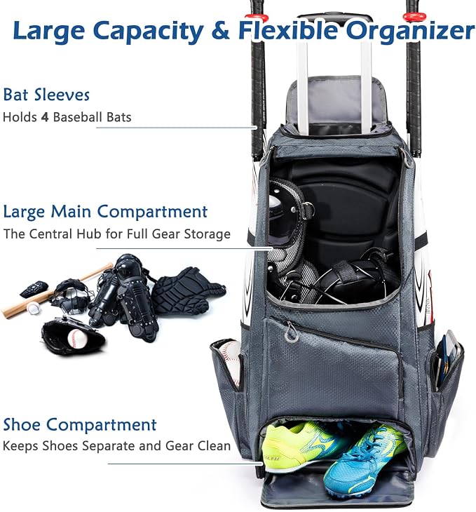 Large Rolling Baseball Catchers Gear Bag with Wheels, Softball Bag with Hard Backing for 4 Bats,Equipment Bag with Separate Shoe & Helmet Compartments, Youth Baseball Bag with 360° Spinner Wheels