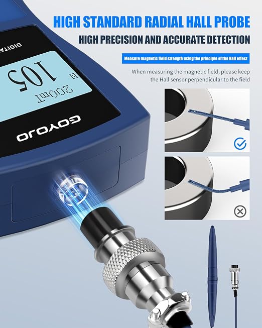 Gauss Meter with High Precision Probe, Digital Magnetic Field Tester (2400mT/24000Gs), N/S Polarity Identification for Magnet, Motor & Speaker Testing, ±5% Accuracy