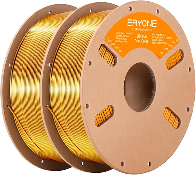 ERYONE Silk Dual Color PLA Filament 3D Printer 1.75mm +/- 0.03mm, Bicolor Filament Two Tone PLA Bundle 2KG Cardboard Spool, Black Gold