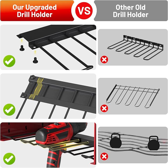 Power Tool Organizer Wall Mount with Charging Station & 8 Outlet,3 Layer Heavy Duty Metal Rack Holds 200lbs for Garage Organization,4 Cordless Drill Holders,Day Gift for Men,Dark Red