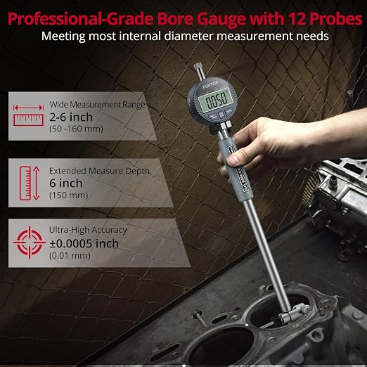 XUNTOP Digital Bore Gauge Set, 2-6"/0.0005" Digital Indicator Self-Centering Dial Bore Gauge with Carbide Anvils Deep Engine Cylinder Measurement Tool for Machining,CNC,Automotive