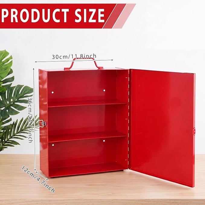 Timgle 2 Pcs First Aid Kit with Lock 3 Shelf Wall Mount Medicine Cabinet with Key Lock Handle Locking Medical Cabinet Lightweight Medium Wall Organizer Steel Storage Box for Business Worksite (Red)