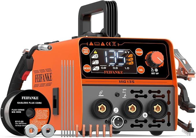 FEIFANKE 135A MIG Welder, 110V Flux Core MIG/Stainless Flux MIG/Stick/MMA/Lift TIG 4 In 1 Welding Machine with Large LED Display Mini IGBT Synergy Inverter Welder for Beginners & Professionals