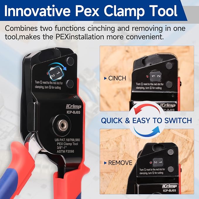 iCrimp One-Hand PEX Pipe Cinch Tool Kit, PEX Crimping Tool with Removing Function for 3/8-1 inch Clamp Rings, with 20PCS 1/2-in, 10PCS 3/4-in PEX Clamps and Pipe Cutter