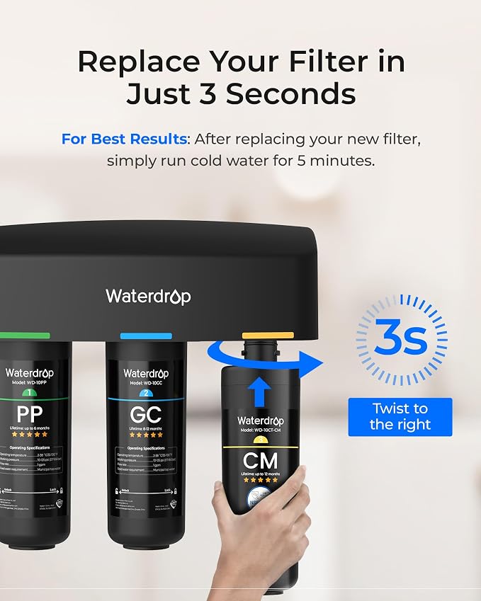 Waterdrop WD-10CM Water Filter Replacement for Waterdrop TSB-CM 3-Stage Under Sink Water Filter System, 12 monthsUnder Sink Water Filtration System, Reduces Chloramine Bad Taste & Odor