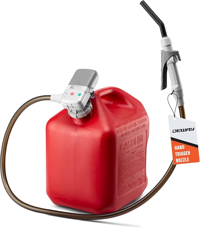 Deway AA Battery Gas Pump Automatic Fuel Transfer with Trigger Nozzle & PVC Hose - 2.4 GPM Siphon Pump for Gasoline, Diesel, Kerosene, Gas Cans, Generators, Lawn Mowers, Boats, ATVs