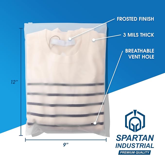 Spartan Industrial - 9” X 12” (100 Count) 3 Mil Frosted Reclosable Zip Plastic Bags with Resealable Lock Seal Zipper and Vent Hole | For Packaging Clothes, Shirts & More