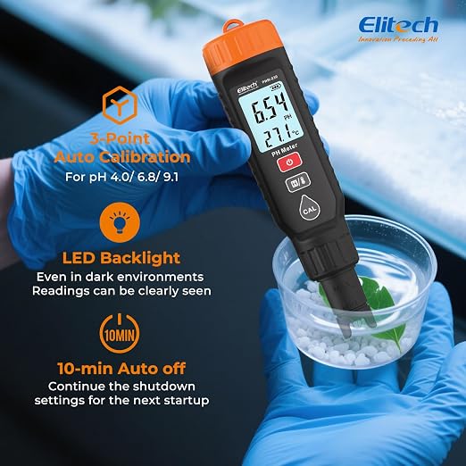 Elitech PHM-230 Professional pH Pen Meter – Digital Tester for pH & Temperature in Hydroponics, Growing Solutions, Drinking Water with ATC & Full Calibration Kit (0.00–14.00) for Plant Health