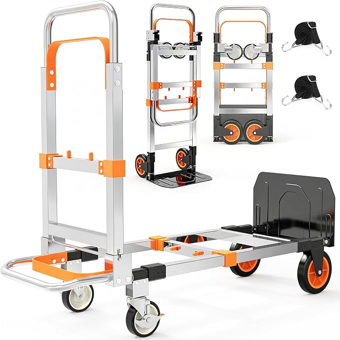 3 in 1 Aluminum Hand Truck Foldable, 500 lbs Convertible Dolly, Collapsible Dolly Cart with 4 Rubber Wheels,Portable Trolley with Retractable Handle for Moving/Office/Home/Warehouse(Orange Silver)