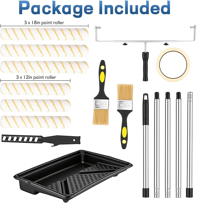 Paint Roller Kit, Rocfinity Paint Roller with 6ft Extension Pole,12"18" Painting Supplies for Walls & Ceilings,Paint Brushes for Home Interior Outside,Long Roller with Tray & Painters Tape