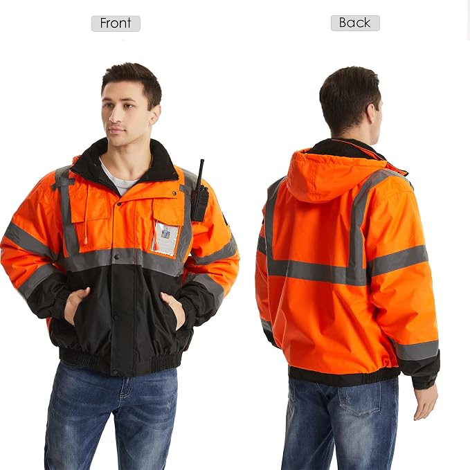 SKSAFETY High Visibility Reflective Jackets for Men, Waterproof Class 3 Safety Jacket with Pockets, Hi Vis Orange Coats with Black Bottom, Mens Work Construction Coats for Cold Weather, Large, 1 Pack