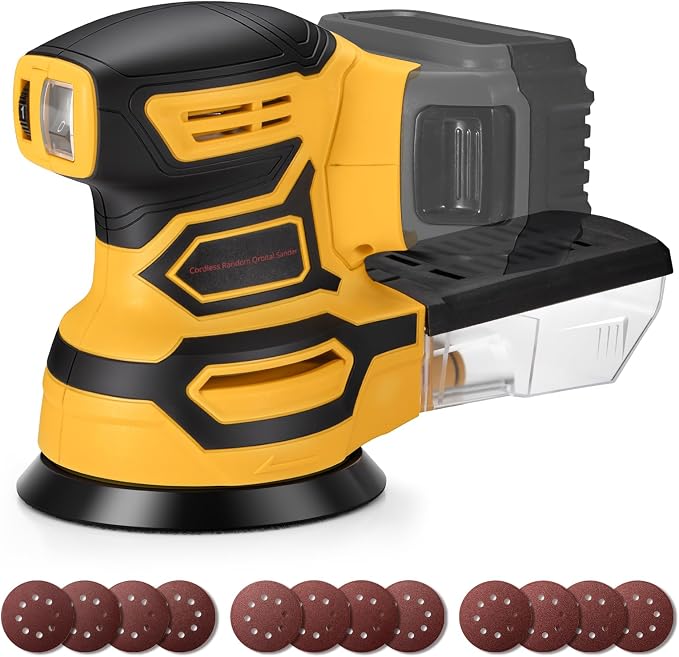 Cordless Random Orbital Sander for Dewalt 20V Battery, Brushless 5-Inch Sander with 6 Variable Speeds, 6000-12000 OPM, Dust Collection Box & 12 Sanding Discs (Battery Not Included) (Yellow)