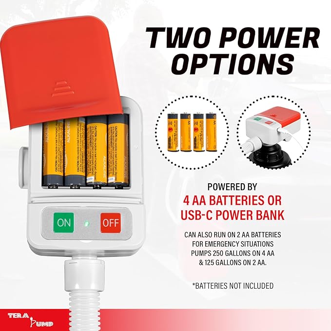 TERA PUMP Dual Power Manual Nozzle Liquid Transfer Pump | 3.2 GPM, AA Battery or USB-C Powered, Flow Control Nozzle, 54" Durable PE Hose, For Non-Potable Liquids