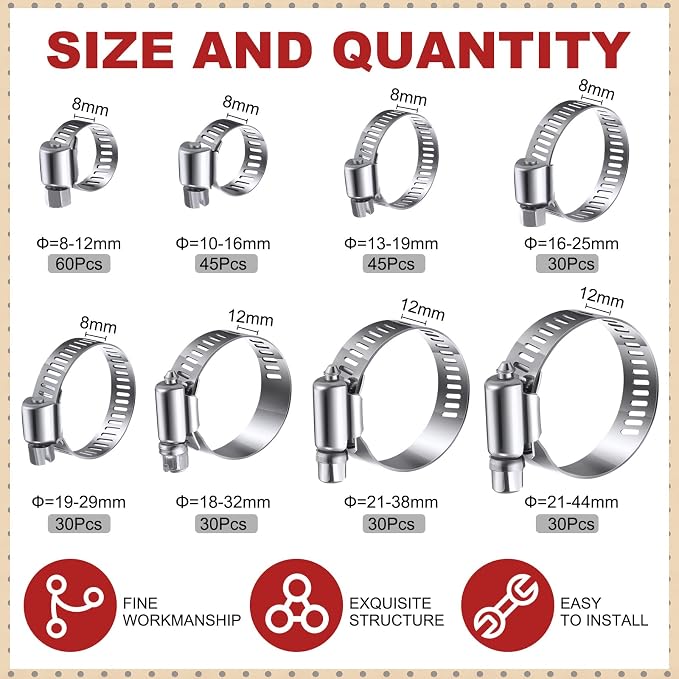 Shimeyao 300 Pcs Hose Clamp Assortment Kit 1/4''- 1-3/4" (6-44 Mm) 304 Stainless Steel Hose Clamps Bulk Worm Gear Fuel Line Clip for Automotive Plumbing Intercooler Tube Pipe Radiator