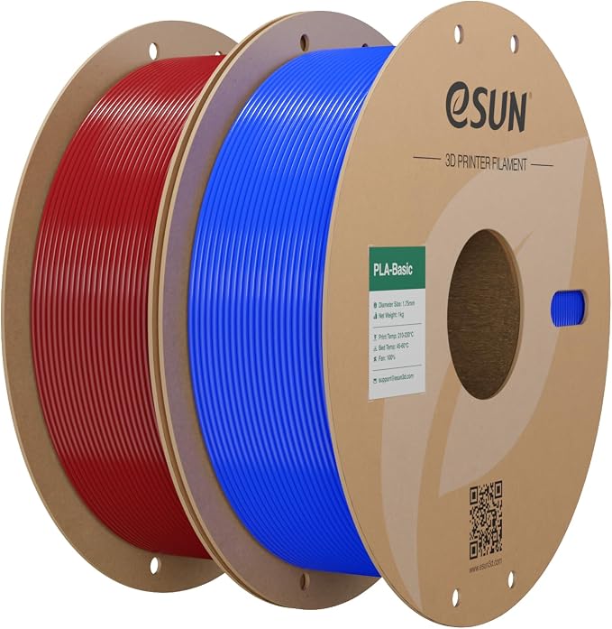 eSUN PLA Basic Filament 1.75mm, 3D Printer Filament High Speed PLA for Fast Printing, 1KG Spool, 2 Spools 3D Printer Filament, Fire Engine Red + Blue