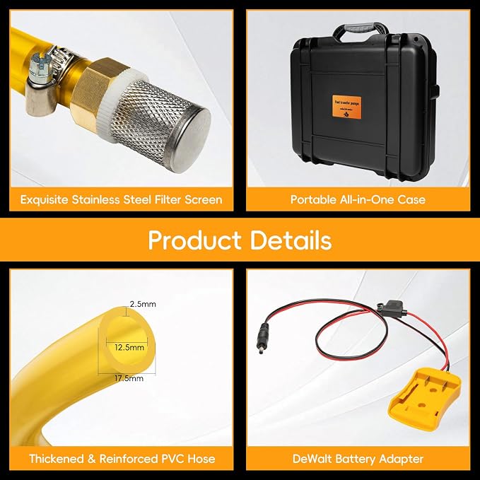 24V 120GPH Fuel Transfer Pump Set with Upgraded Carrying Case & Battery Adapter, Compatible with DeWalt 20V Battery, for Vehicles, Boats(120GPH 24V, Pump with Yellow Adapter)
