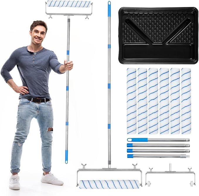 12 Pcs 18 Inch Paint Roller Kit- 18 Inch Paint Roller Tray, 12-18" Adjustable Roller Frame & Thickened Extendable Steel Pole, Large Paint Roller Sleeves with Tray for Painting Wall Ceiling