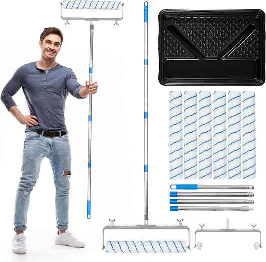 12 Pcs 18 Inch Paint Roller Kit- 18 Inch Paint Roller Tray, 12-18" Adjustable Roller Frame & Thickened Extendable Steel Pole, Large Paint Roller Sleeves with Tray for Painting Wall Ceiling