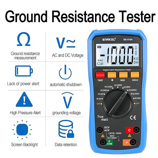 Digital Ground Resistance Tester, True RMS Earth Meter AC/DC Voltage Multimeter Backlight LCD Data Hold Rechargeable Full Test Kit for Electrician Ground Lightning Test