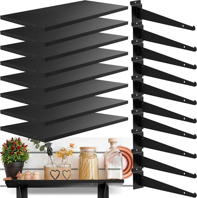 8 Pack Wooden Slatwall Shelf, 23.6"D x 11.8"W Slatwall Shelves with Metal Brackets Heavy Duty Slat Wall Organizer Slatwall Shelving Accessories for Garage, Home (8, 23.6"D x 11.8"W x 0.8"H)