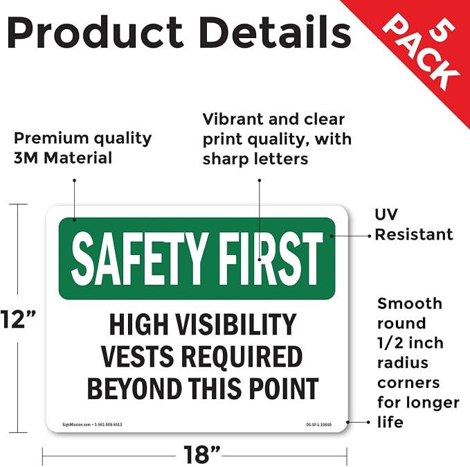 High Visibility Vests Required Beyond This Point OSHA SAFETY FIRST Vinyl Decal Label 18 Inch x 12 Inch - 5 Pack
