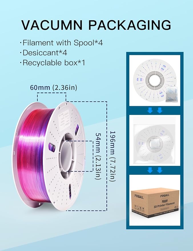 PINBALL Rainbow PETG 3D Printer Filament 1.75mm, Multicolor Translucent PETG Filament Bundle, Accuracy +/- 0.02 mm, 4kg in Total