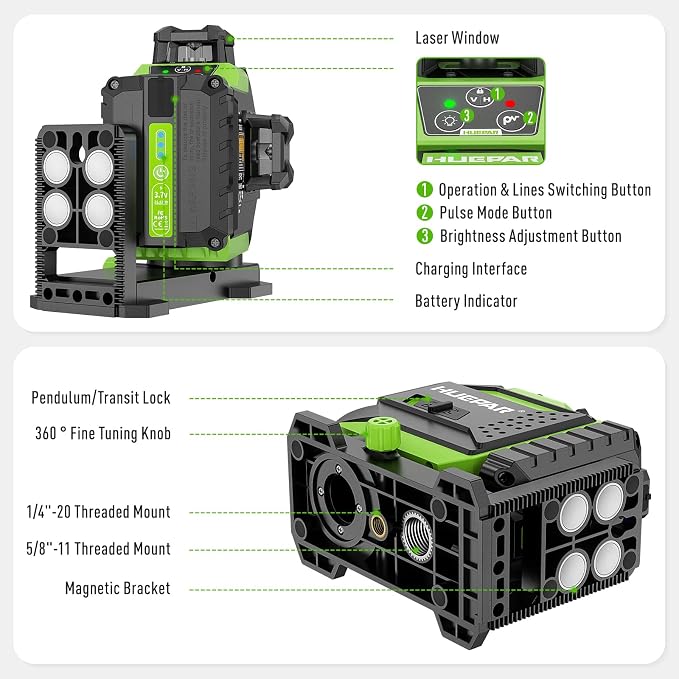 Huepar 3 x 360 Laser Level Self-leveling 3D Green Beam Cross Line 12 Lines Tiling Floor Laser Tool -360 Horizontal/Vertical Laser Lines -rechargeable & Integrated Magnetic Bracket 703CG