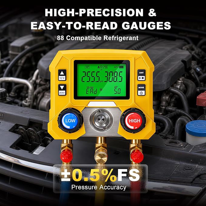 Jack Boss Digital HVAC Manifold Gauge with R134a R1234yf Quick Couplers & Can Taps, Compatible with R134a R410a R32 R1234yf R454B, 3 Hoses AC Refrigerant Recharge Kit