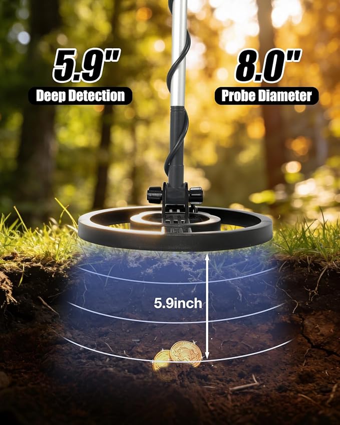 Rechargeable Metal Detector for Kids & Adults, Lightweight w/8” Waterproof Coil, Adjustable 31.5"-41.5", 12Hr Battery, Shovel Included - Beach Treasure Hunting