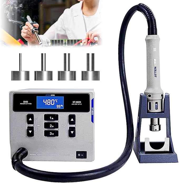 Hot Air Rework Station, ATTEN ST-862D 1000W Digital Display Automatic Sleep Hot Air Gun Soldering Station, Adjustable Temperature Desoldering Gun BGA Rework Station