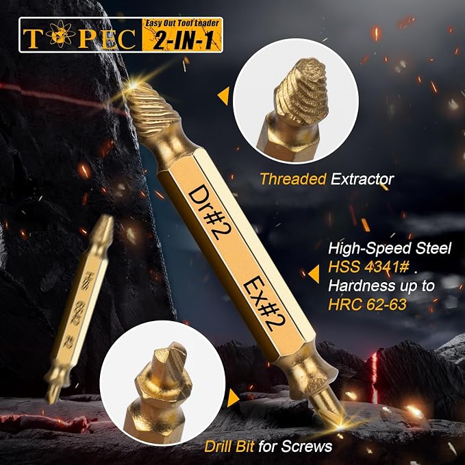 Topec 12 PCS Stripped Screw Extractor Set, Gift for Men, Easy Out Screw Extractor Set and Drill Bits for Remove Stripped, Rusty, Broken Head Nuts & Bolts