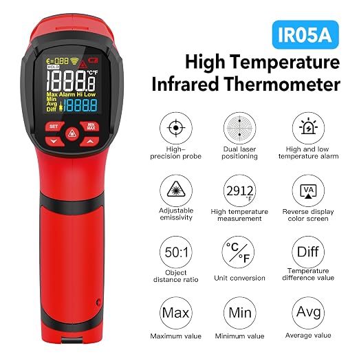 Infrared Thermometer High Temperature Gun -40℉~2912℉, 50:1 Dual Laser Thermometer with Probe 14℉ - 932℉, Digital IR Temp Gun for Cooking, Pizza Oven, Engine, Kiln, Forging, Industrial Use