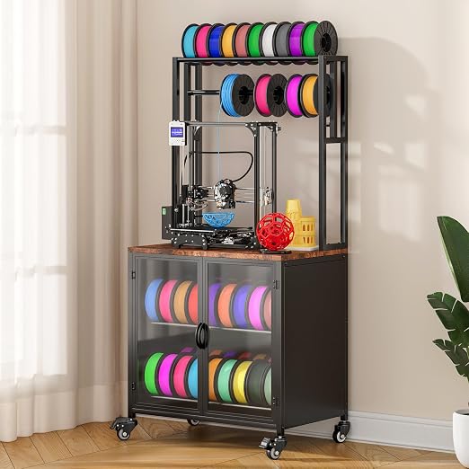 3D Printer Stand with Filament Storage, 29.5" x 18.9" Dustproof and Moisture-Proof Heavy Duty Large 3D Printer Table Cart with 360°Rolling & Cabinet for Workshop Studio Office (Rustic Brown)