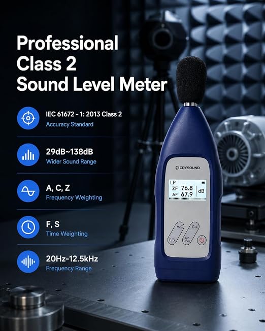 CRY2831 Class 2 Sound Level Meter with Calibration Certificate, 29-138 dB Professional Sound Meter, DC & Battery Powered Noise Meter for Industrial, Environmental, Workplace Noise Measurement | 20Hz-12.5kHz, A/C/Z Weighted, F/S Weighting