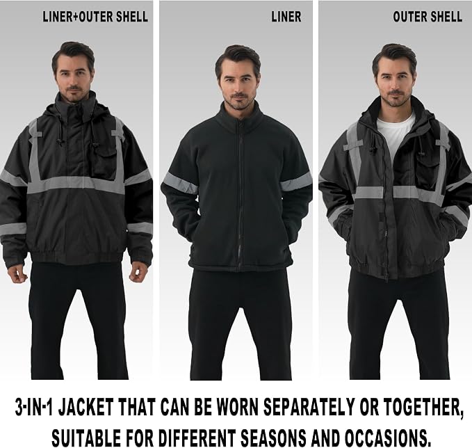 3 in 1 Safety jacket,Reflective high Visibility Hooded jacket,Hi Vis Bomber Jacket shell and fleece lining,Waterproof,ANSI Class 3 Black,4XL