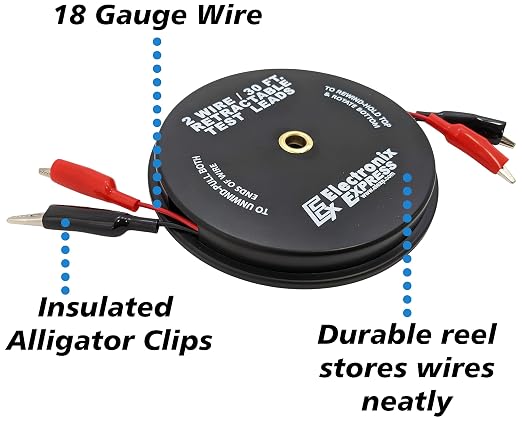 2 Wire 30 Foot Retractable Test Leads, Red and Black 18 Gauge Wire with Alligator Clips on Each End, Ideal for Electrical Troubleshooting Cars, Trailers, Boats - EX ELECTRONIX EXPRESS