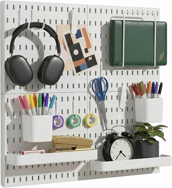 Keepo Peg Board Wall Organizer – Plastic Pegboard Panels, Modular Peg Board Storage System For Home Office, Craft Room, Gaming Setup (White, 22″×22″)