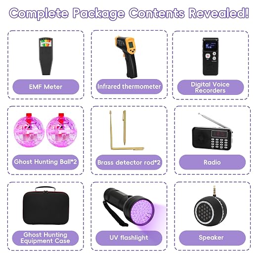 11 Pcs Ghost Hunting Kit with 1 EMF Meter,1 EVP Recorder, 1 Spirit Box,1 Speaker,1 Infrared Thermometer,1 UV Light,2 Brass Detection Rods,2 LED Light up Cat Balls & 1 Carrying Case