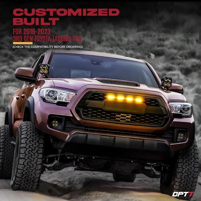 OPT7 Amber Grille Lights & Multicolor 12" Engine Bay Lignts Bundle Kit for Tacoma TRD 2016-2023, Truck Front Grill Lighting Pod, Under Hood LED Strip Decoration