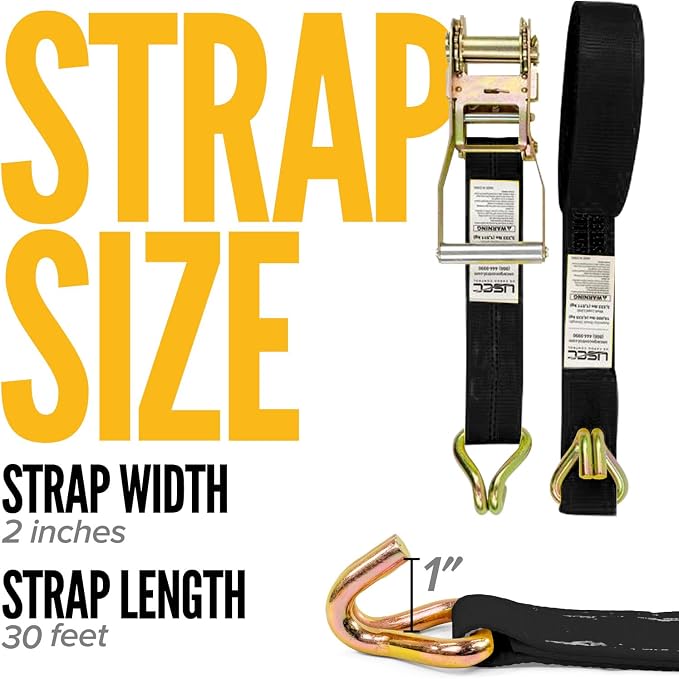 US Cargo Control Wire Hook Ratchet Straps 2 Inch x 30 Foot (4-Pack), 10,000 LBS Break Strength, Ratchet Straps Heavy Duty with Double J Hooks, Black Cargo Tie Downs for Flatbed Trailers and Trucks
