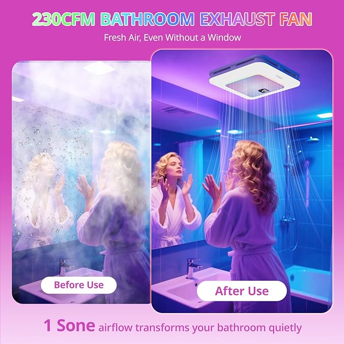 VallisCo Bathroom Exhaust Fan with Bluetooth Speaker, RGB Light & Remote, 230 CFM Quiet Ceiling Fan, 3 Dynamic RGB Lighting, 3000K–6000K Dimmable, Nightlight, Dual Installation