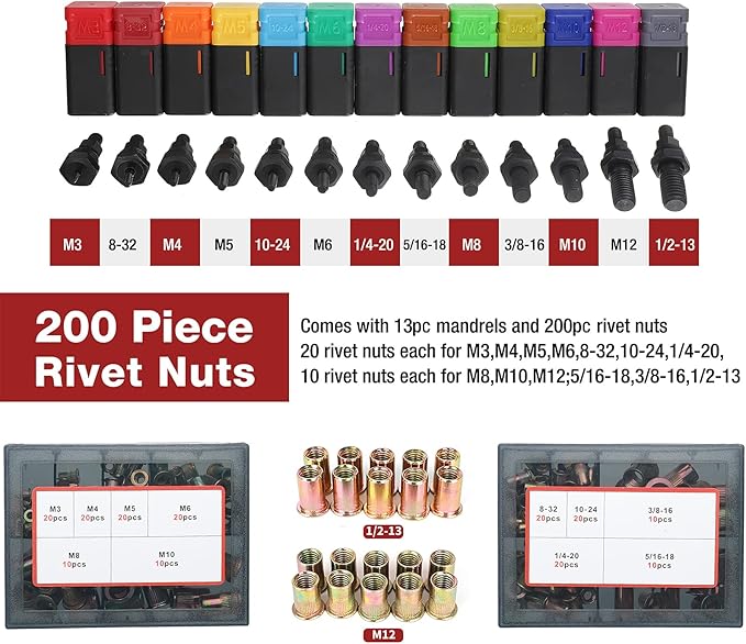 AIUITIO 16" Rivet Nut Tool, Rivnut Tool Kit with 13 Metric and SAE Mandrels, Nutsert Rivet Tool Set with 200Pcs Rivnuts, Threaded Insert Hand Riveter with Rugged Carrying Case