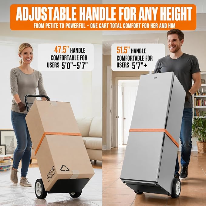 Folding Hand Truck Dolly Cart, 800 lb Capacity, Compact Foldable | Alloy Steel Frame, 47.5-51.5 Inch Handle, Heavy-Duty 8 Inch Solid Rubber Wheels, for Moving, Warehouse and Home Office Use