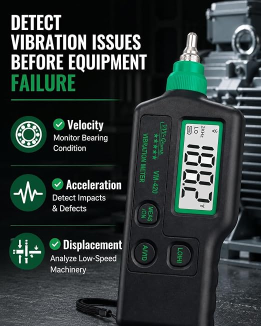 Digital Vibration Meter – VM-420 Industrial Vibrometer, Acceleration 0.1–199.9 m/s², Velocity 0.1–199.9 mm/s, Displacement 0.001–1.999 mm, 10Hz–15kHz, Handheld Machine Diagnostics Tool