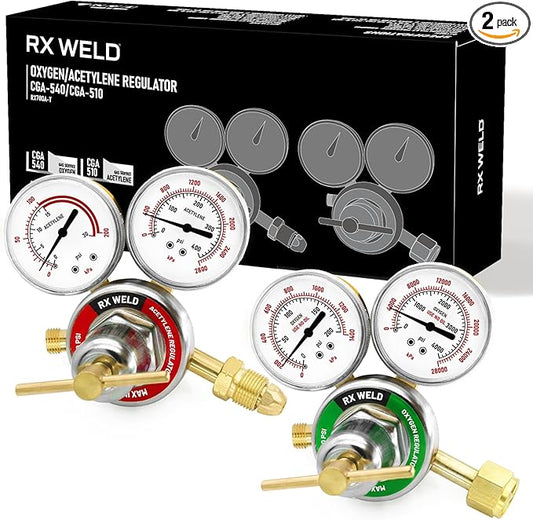 RX WELD Oxygen Acetylene Regulator Set, CGA540 & CGA510, B Size | Medium-duty cutting & welding set. Brass body. Outlet thread 9/16"-18